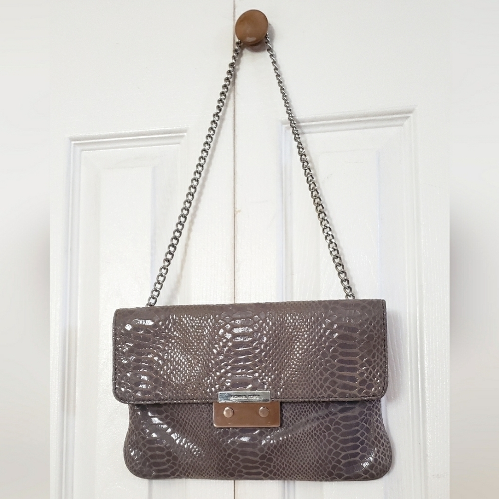Michael Kors Sloan Angora Snake Emboss Leather Clutch Chain Strap Shoulder Bag